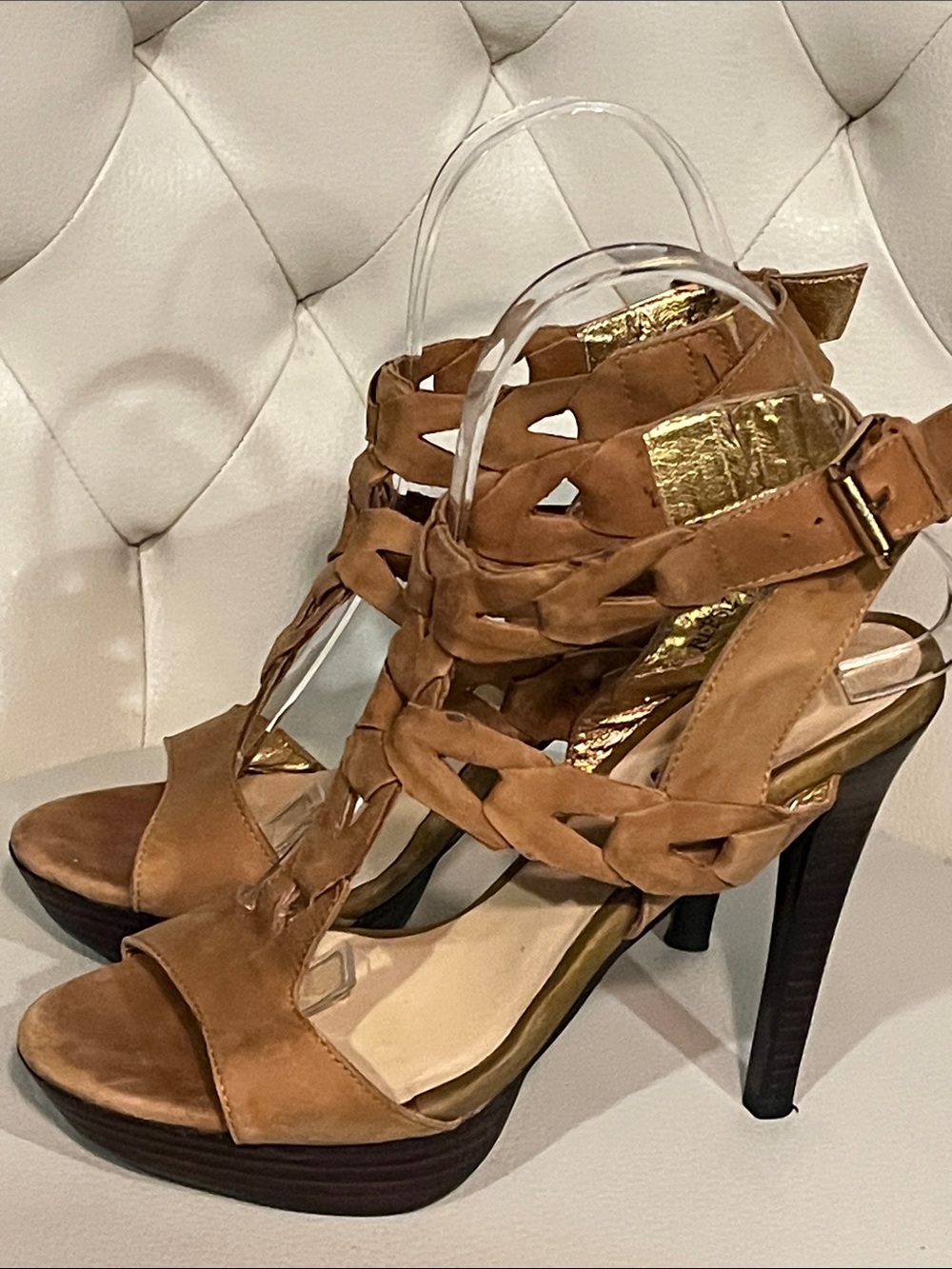 Wild Pair Tan Braided Suede High Heel Sandals Size 6.5
